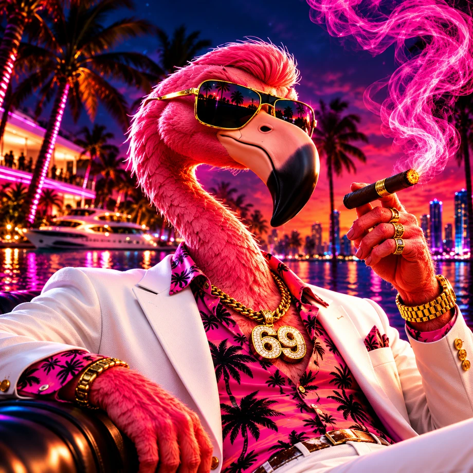 Don Flamingo in a retro Miami sunset scene
